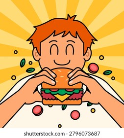 Smiling boy holding and eating a large cheeseburger with fresh ingredients. Fun cartoon illustration ideal for fast food, appetite, lunch, snack, and eating concepts vector hand drawn style