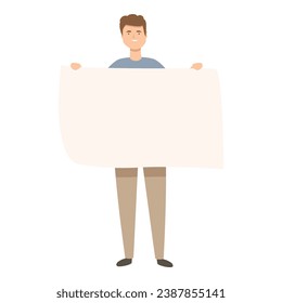 Smiling boy holding empty banner icon cartoon vector. Advertising promotion blank. Blank board.