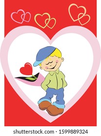 Smiling boy holding a flower in the form of a heart