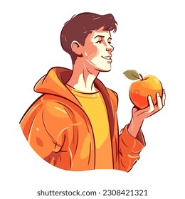 Smiling boy holding fresh apple fruit happily icon isolated