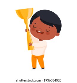 Smiling Boy Holding Gold Cup or Goblet Vector Illustration