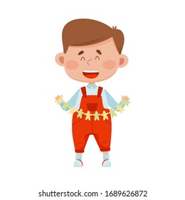 Smiling Boy Holding Made from Paper Shaped Garland Vector Illustration