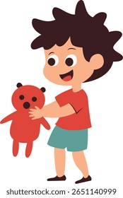 Smiling boy holding out a red teddy bear, great for kindness themes, toy donation campaigns, or children’s character education content.