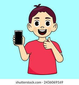 Smiling boy holding and showing a blank smartphone screen and giving a thumbs up. Recommends