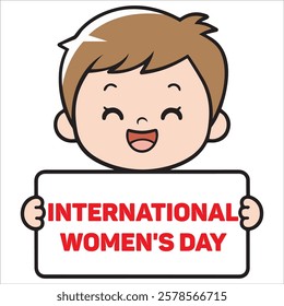 Smiling Boy Holding a Sign That Says International Women's Day