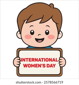 Smiling Boy Holding a Sign That Says International Women's Day