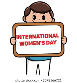 Smiling Boy Holding a Sign That Says International Women's Day