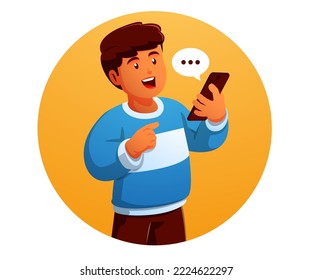 Smiling boy holding smartphone vector