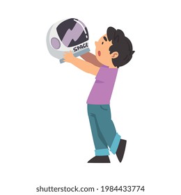 Smiling Boy Holding Space Helmet Playing Pretending Being Astronaut Vector Illustration