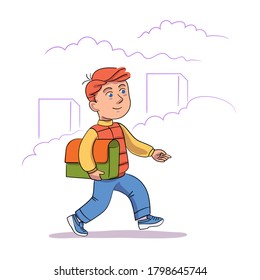 Lächelnder Junge hält eine Aktentasche und geht zur Schule. Der kleine Schuljunge tut dem Unterricht weh. Vektorgrafik der Grundschulbildung für Kinder, Studierende im Klassenzimmer, Lernkonzept genießen