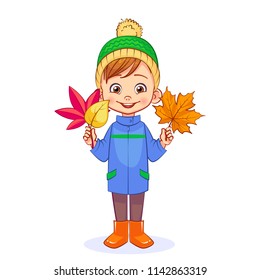 A smiling boy holds bright autumn leaves in his hands. Cutout vector cartoon kids character in full-length.