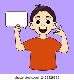A smiling boy holds an empty white cloud and makes a gesture on the phone. Call me