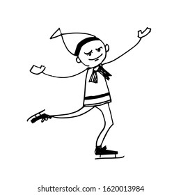 smiling boy ice skating. Cartoon character, Doodle illustration. vector