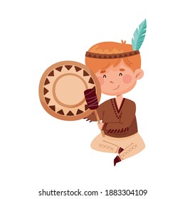 Smiling Boy in Indian Costume and Feathered Headdress Beating Drum Vector Illustration