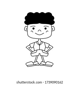 Smiling boy isolated on white background. Outline drawing, sketch. Standing boy with hands in his pockets. Vector illustration