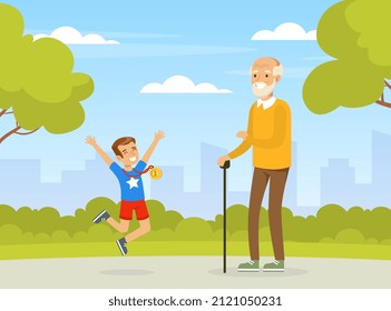 Smiling Boy Jumping with Joy Having Medal Award Walking with Granddad in the Park Vector Illustration