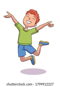 Muchacho sonriente saltando esparciendo sus brazos a los lados, persona aislada de fondo blanco. Un niño lindo disfrutando de su tiempo libre. Ilustración vectorial de la actividad infantil, infancia