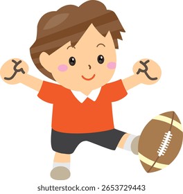 Smiling Boy Kicking Rugby Ball em Esportes Uniforme Ilustração
