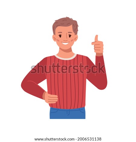 Smiling boy kid showing thumb up, isolated child gesturing, approving or agreeing. Cheerful male personage, schookid expressing like or agreement, ok sign. Flat style cartoon character vector