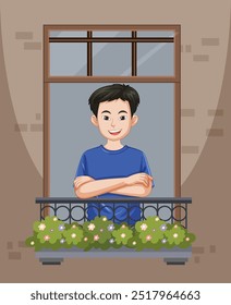 Menino sorridente encostado no corrimão da sacada