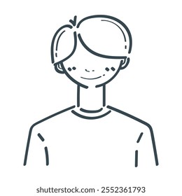 Smiling Boy in Line Art: Un dibujo lineal simple y minimalista de un niño feliz, perfecto para ilustraciones, avatares y marcas. Este diseño limpio evoca una sensación de juventud, positividad.