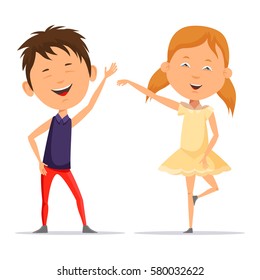 Smiling boy and little girl in skirt dancing or posing. Schoolboy and schoolgirl with pigtails with smiling faces greets people. Dancing cartoon characters and childhood entertainment theme