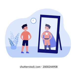 Smiling boy looking in mirror and seeing superhero. Kid standing in front of mirror, child in superhero costume flat vector illustration. Childhood, imagination concept for banner, website design