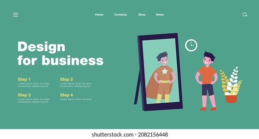 Smiling boy looking in mirror and seeing superhero. Kid standing in front of mirror, child in superhero costume flat vector illustration. Childhood, imagination concept for banner, website design