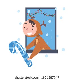 Smiling Boy Looking out of the Window, Kid in Reindeer Costume Giving or Receiving Candy Cane, Merry Xmas and New Year, Happy Winter Holidays Concept Vector Illustration
