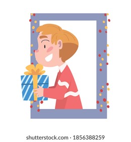 Smiling Boy Looking out of the Window, Kid Giving or Receiving Present Box, Merry Xmas and New Year, Happy Winter Holidays Concept Vector Illustration