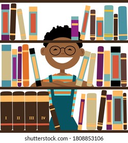 Smiling boy looking through library book shelves, EPS 8 vector illustration