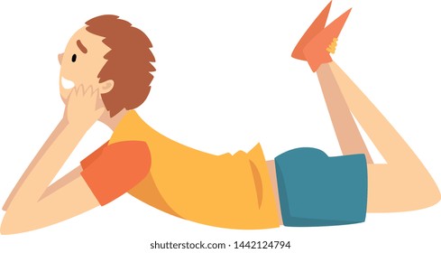 Smiling Boy Lying on His Stomach, Happy Child on Summer Vacation Vector Illustration