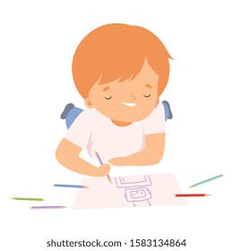 Smiling Boy Lying on his Stomach and Drawing Picture with Colorful Pencils, Cute Young Artist Cartoon Character, Kids Creative Hobby Vector Illustration