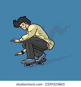 Smiling Boy or man or guy Enjoy skating with skate board Blue Background vector modern illustration