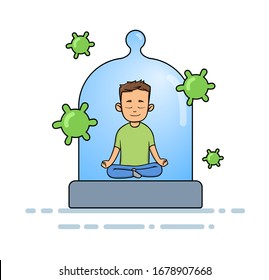 Smiling boy meditating under the glass dome with viruses flying around. Coronavirus prevention, stay indoors, world quarantine concept. Flat vector illustration, isolated on white background.