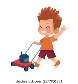 Smiling boy mowing grass with toy lawnmower