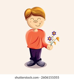 Smiling boy offering flowers in a digital children's illustration