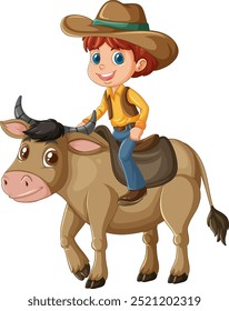 Smiling boy on a bull, wearing a hat