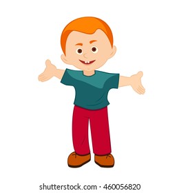 smiling boy with open arms, vector illustration, cartoon boy standing with outstretched arms, with friendly facial expression