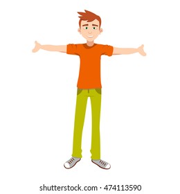 smiling boy with open arms, vector illustration, cartoon boy standing with outstretched arms, with friendly facial expression