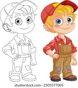 Smiling boy in overalls and cap