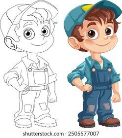 Lächelnder Junge in Overalls und Mütze