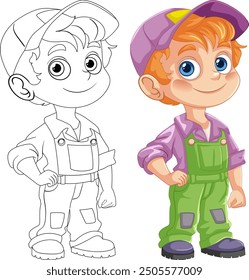 Smiling boy in overalls and cap