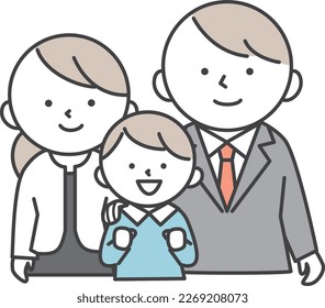 Smiling boy and parents wearing one piece and suit.
Illustration of elementary school son and parents.