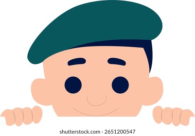 Smiling Boy Peeking Green Beret