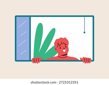 Garoto sorridente espiando pela janela. Conceito de interesse curioso. Ilustração vetorial colorida