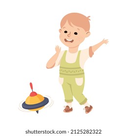 Smiling Boy with Pegtop or Humming Top Playing and Having Fun Vector Illustration