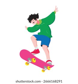 Muchacho sonriente que realiza el truco del monopatín que lleva los pantalones cortos con capucha y las zapatillas de deporte en el fondo blanco perfecto para los diseños de los deportes de los niños Imágenes del estilo de vida urbano y proyectos creativos