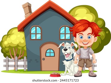 Smiling boy with pet dog in front of house