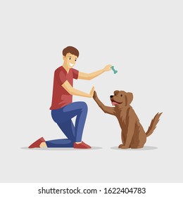 Smiling boy with pet flat vector illustration. Guy and four-legged friend playing together. Positive emotions, friendship, young man training pet cartoon character isolated on white background